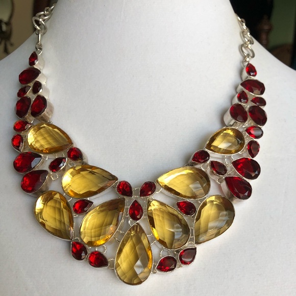 Gold Citrine Checkerboard Faceted Face & Garnet in Sterling Necklace